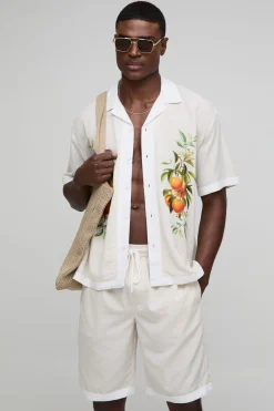 boohooMAN Ensemble chemise graphique surdimensionnée en mélange de lin orange et short décontracté<Homme Ensembles