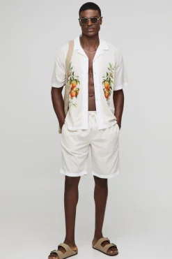 boohooMAN Ensemble chemise graphique surdimensionnée en mélange de lin orange et short décontracté<Homme Ensembles
