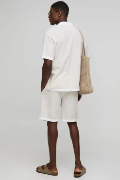 boohooMAN Ensemble chemise graphique surdimensionnée en mélange de lin orange et short décontracté<Homme Ensembles