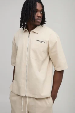 Ensemble Chemise Haute Oversize Avec Poches Brodées En Sergé À Fermeture Éclair Et Pantalon Décontracté
