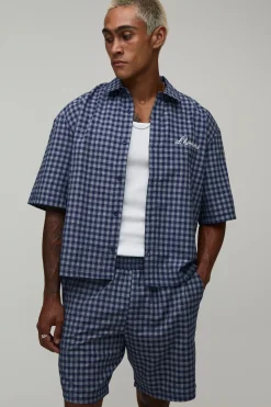 Ensemble Chemise Oversize Ample Et Short À Micro Carreaux Brodés