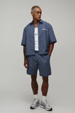 Ensemble Chemise Oversize Ample Et Short À Micro Carreaux Brodés