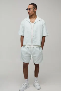 boohooMAN Ensemble Chemise Oversize Ample À Rayures Tissées Brodées Et Short Décontracté<Homme Ensembles|Tout Afficher