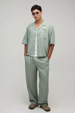 Ensemble Chemise Oversize Ample Brodée En Lin Et Pantalon Large