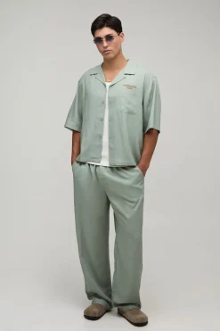 Ensemble Chemise Oversize Ample Brodée En Lin Et Pantalon Large