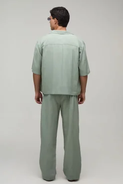 Ensemble Chemise Oversize Ample Brodée En Lin Et Pantalon Large