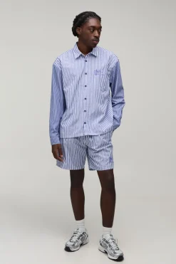 Ensemble Chemise Oversize Brodée À Rayures Contrastées & Short
