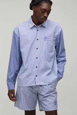 Ensemble Chemise Oversize Brodée À Rayures Contrastées & Short