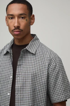 boohooMAN Ensemble Chemise Oversize Brodée Et Short À Micro Carreaux<Homme Ensembles