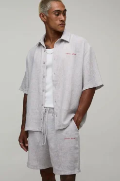 Ensemble Chemise Oversize Brodée Et Short Aspect Lin Tricoté