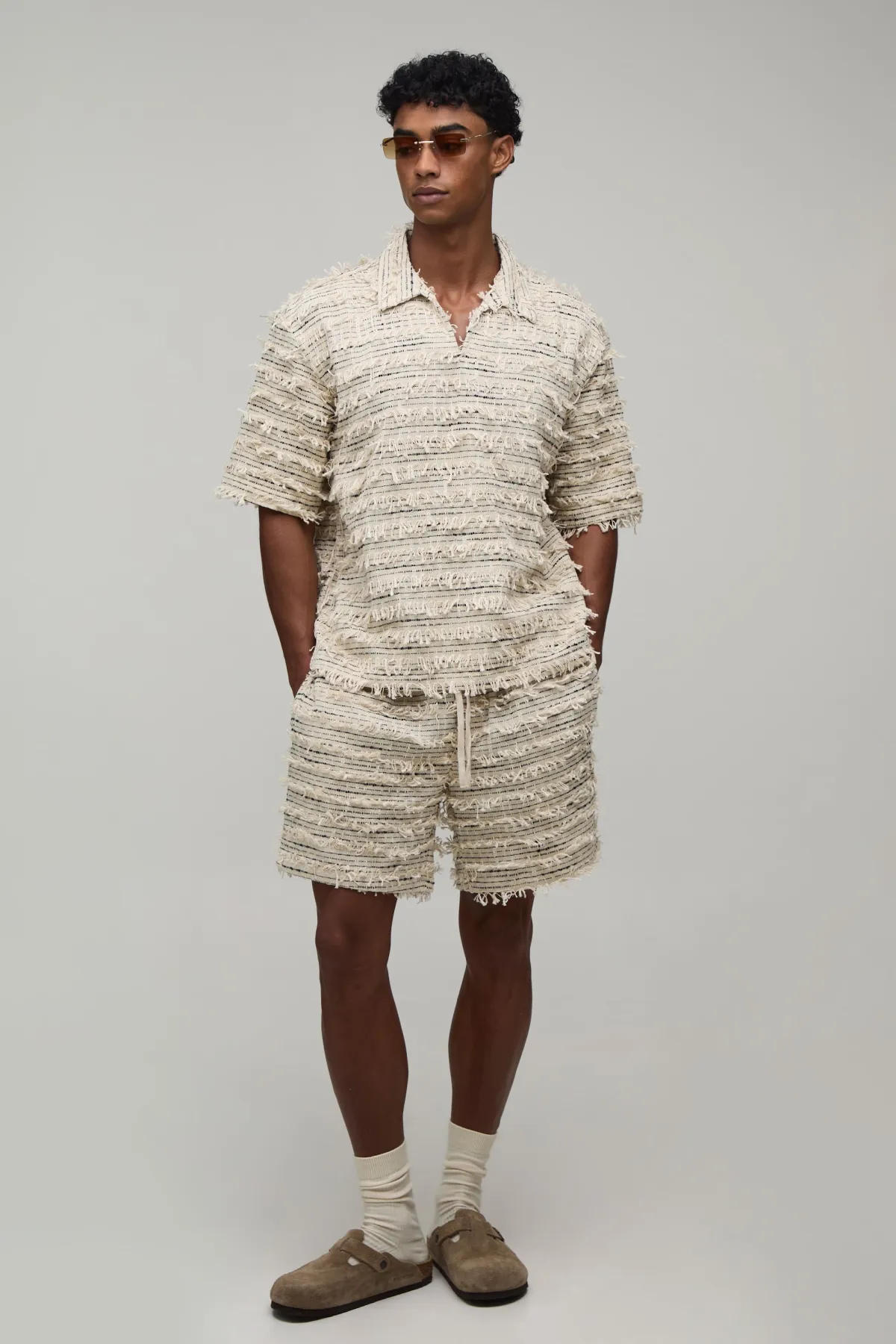 boohooMAN Ensemble Chemise Oversize Col V Profond Et Short Ample En Coton Texturé<Homme Ensembles