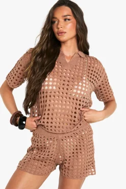 boohoo Ensemble chemise oversize en crochet et short en maille<Femme Pulls Et Gilets|Toutes Les Mailles