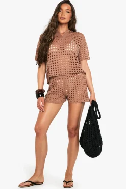 boohoo Ensemble chemise oversize en crochet et short en maille<Femme Pulls Et Gilets|Toutes Les Mailles