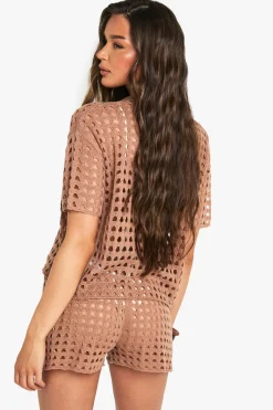 boohoo Ensemble chemise oversize en crochet et short en maille<Femme Pulls Et Gilets|Toutes Les Mailles