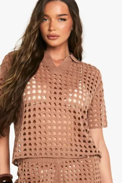 boohoo Ensemble chemise oversize en crochet et short en maille<Femme Pulls Et Gilets|Toutes Les Mailles