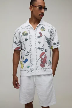 Ensemble Chemise Oversize Et Short Décontracté En Coton Texturé Avec Imprimé Alimentaire Intégral