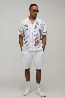 Ensemble Chemise Oversize Et Short Décontracté En Coton Texturé Avec Imprimé Alimentaire Intégral