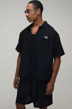 Ensemble Chemise Oversize Et Short Aspect Lin Avec Broderie Au Dos