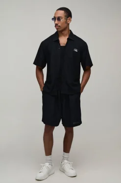 Ensemble Chemise Oversize Et Short Aspect Lin Avec Broderie Au Dos
