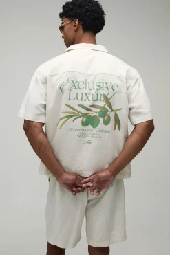 boohooMAN Ensemble Chemise Oversize Et Short En Mélange De Lin Avec Imprimé Au Dos<Homme Ensembles