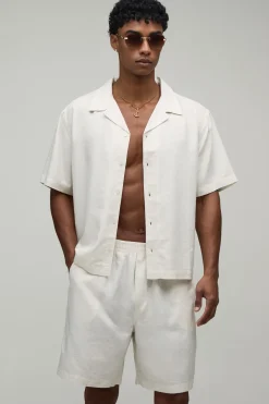 boohooMAN Ensemble Chemise Oversize Et Short En Mélange De Lin Avec Imprimé Au Dos<Homme Ensembles