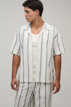 boohooMAN Ensemble Chemise Oversize Et Pantalon Ample En Gaze Tissée Légère À Rayures<Homme Ensembles|Tout Afficher