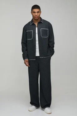 Ensemble Chemise Oversize et Pantalon Large en Tissu Gaufré avec Coutures Contrastées
