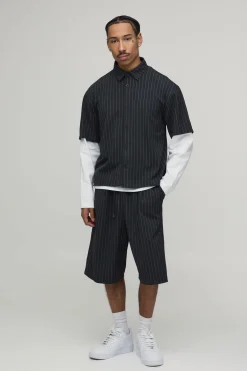 Ensemble Chemise Oversize à Faux Superposition Rayée et Short Large à Plis