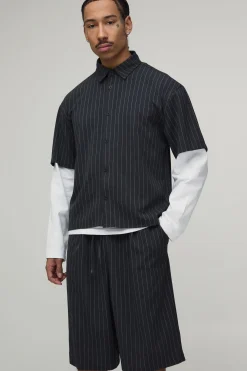 Ensemble Chemise Oversize à Faux Superposition Rayée et Short Large à Plis