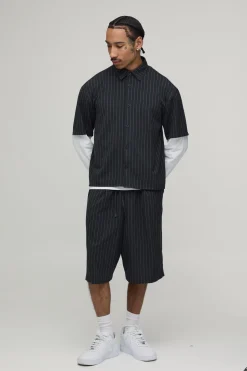 Ensemble Chemise Oversize à Faux Superposition Rayée et Short Large à Plis