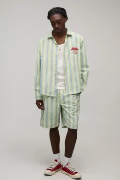 boohooMAN Ensemble Chemise Oversize À Manches Longues À Rayures Popeline Avec Ourlet Arrondi Brodé Et Short Ample<Homme Ensembles