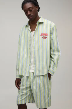 boohooMAN Ensemble Chemise Oversize À Manches Longues À Rayures Popeline Avec Ourlet Arrondi Brodé Et Short Ample<Homme Ensembles