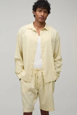 Ensemble Chemise Oversize À Manches Longues À Rayures Popeline Avec Ourlet Arrondi Brodé Et Short Ample