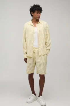 Ensemble Chemise Oversize À Manches Longues À Rayures Popeline Avec Ourlet Arrondi Brodé Et Short Ample