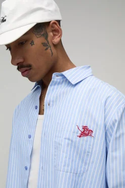 Ensemble Chemise Oversize À Manches Longues À Rayures En Popeline Avec Ourlet Arrondi Brodé Et Short Ample