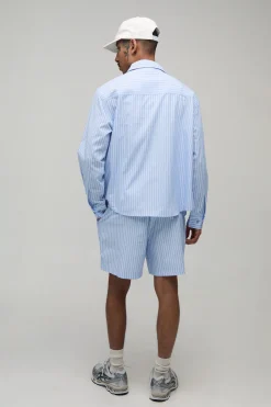 Ensemble Chemise Oversize À Manches Longues À Rayures En Popeline Avec Ourlet Arrondi Brodé Et Short Ample