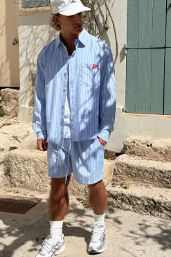 Ensemble Chemise Oversize À Manches Longues À Rayures En Popeline Avec Ourlet Arrondi Brodé Et Short Ample