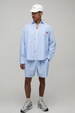 Ensemble Chemise Oversize À Manches Longues À Rayures En Popeline Avec Ourlet Arrondi Brodé Et Short Ample
