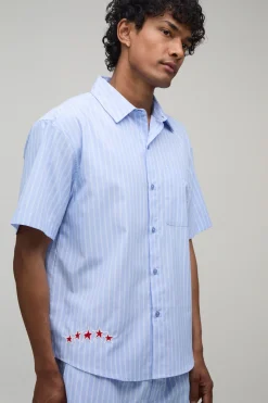 Ensemble Chemise Oversize À Ourlet Courbe Et Short Ample En Popeline Rayée Avec Broderie Étoile