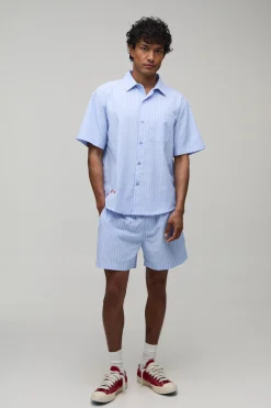 Ensemble Chemise Oversize À Ourlet Courbe Et Short Ample En Popeline Rayée Avec Broderie Étoile
