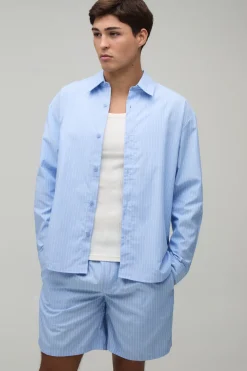 boohooMAN Ensemble Chemise Oversize À Ourlet Arrondi Et Short Ample En Popeline Rayée<Homme Ensembles|Tout Afficher