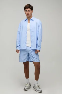 boohooMAN Ensemble Chemise Oversize À Ourlet Arrondi Et Short Ample En Popeline Rayée<Homme Ensembles|Tout Afficher