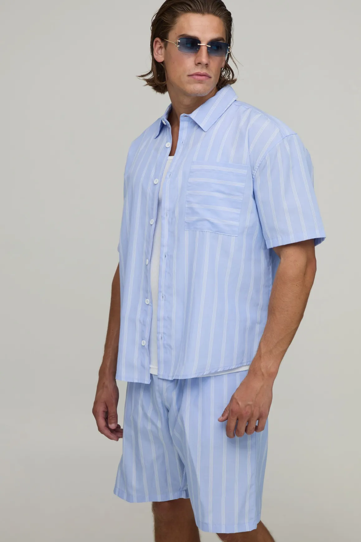 Ensemble Chemise Oversize À Ourlet Arrondi Et Short Ample À Rayures Larges