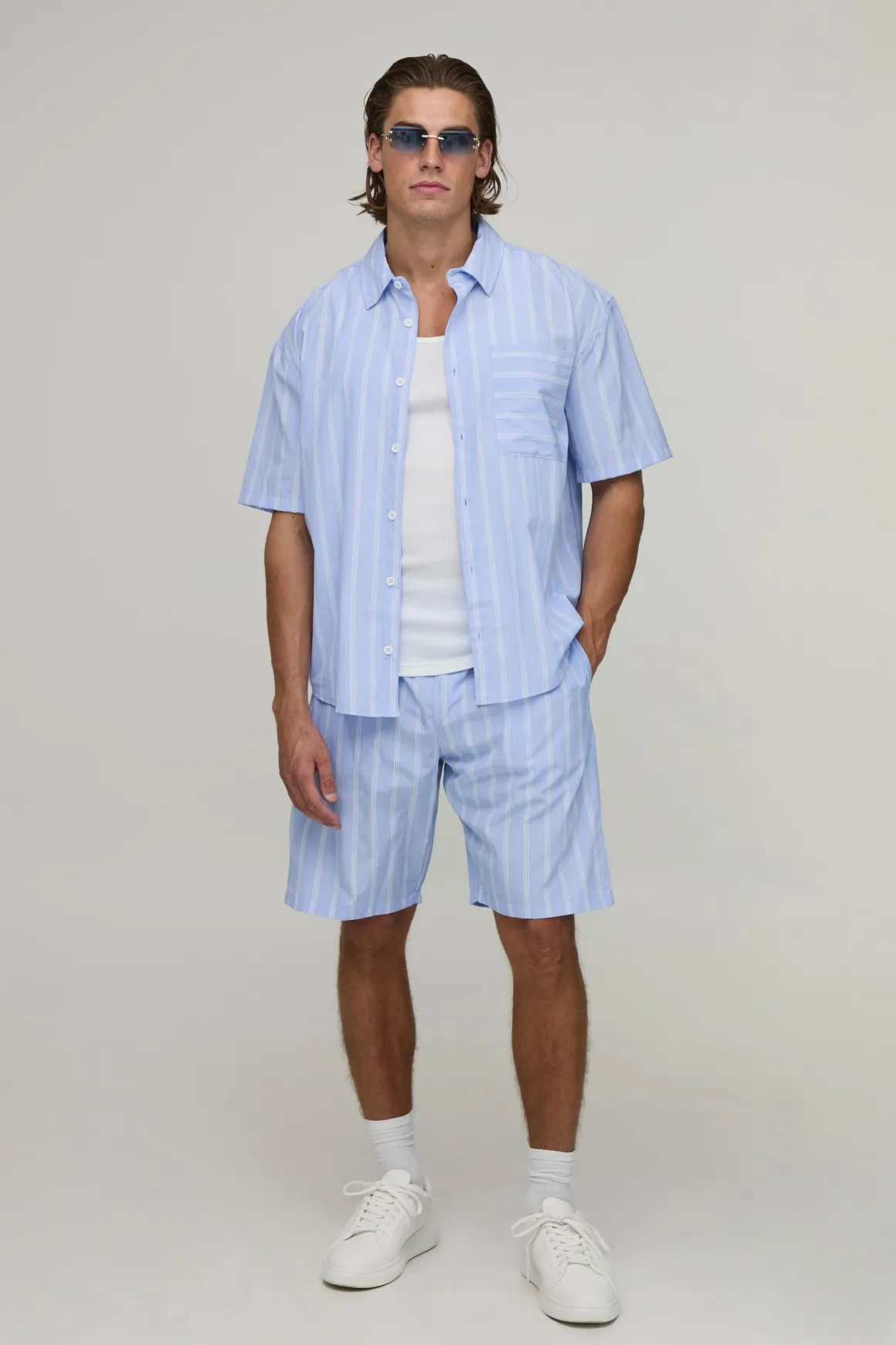 Ensemble Chemise Oversize À Ourlet Arrondi Et Short Ample À Rayures Larges