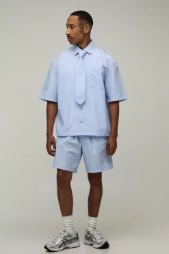boohooMAN Ensemble Chemise Rayée Oversize, Short Et Cravate<Homme Ensembles