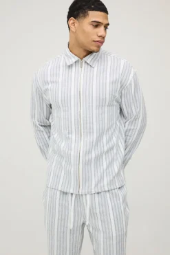boohooMAN Ensemble Chemise Rayée Tissée À Manches Longues Avec Fermeture Éclair Et Pantalon Droit Coupe Régulière<Homme Ensembles