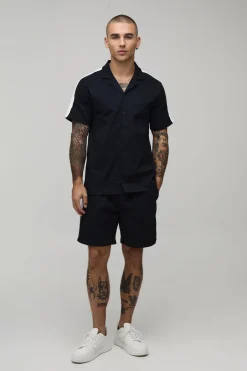 boohooMAN Ensemble Chemise Régulière et Short Décontracté en Sergé avec Bande Contrastante<Homme Ensembles