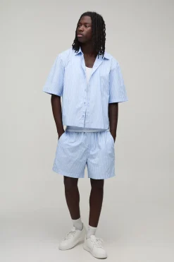 boohooMAN Ensemble Chemise Santorini Oversize À Rayures Col Revere Et Manches Courtes Avec Short Ample<Homme Ensembles