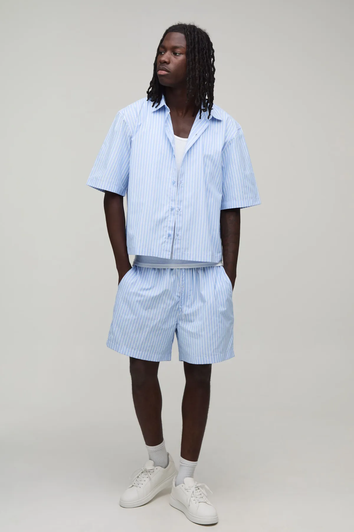 boohooMAN Ensemble Chemise Santorini Oversize À Rayures Col Revere Et Manches Courtes Avec Short Ample<Homme Ensembles