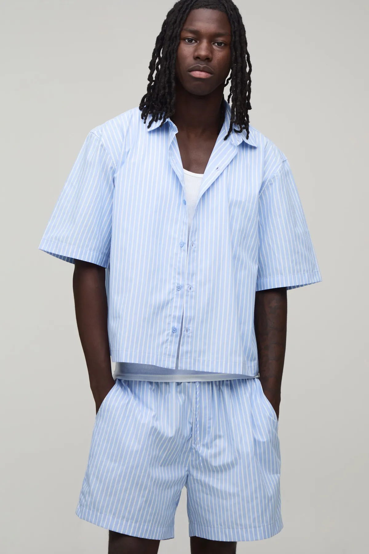 boohooMAN Ensemble Chemise Santorini Oversize À Rayures Col Revere Et Manches Courtes Avec Short Ample<Homme Ensembles
